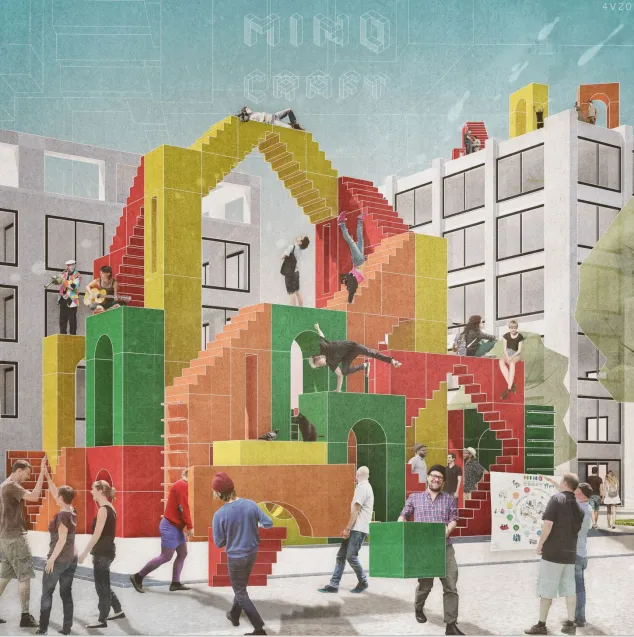 Mind Craft. Koncepcyjny projekt dotyczący aranżowania miejsc publicznych przy pomocy plastikowych bloków. 