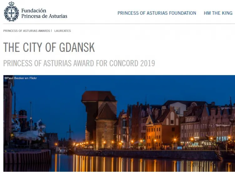 Informacja na stronie fundacji księżnej Asturii o zdobytej nagrodzie przez Gdańsk. 