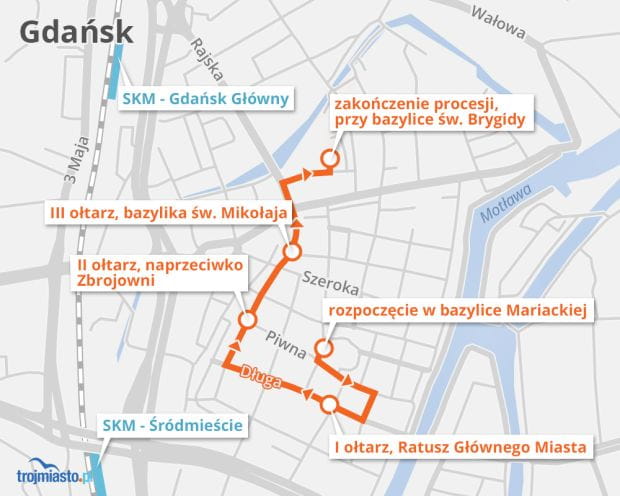 Trasa procesji centralnej w Gdańsku. Rozpoczyna się od godz. 10 w bazylice Mariackiej. 
