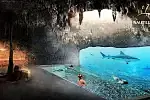 Basen w jaskini z widokiem na akwarium z rekinami.