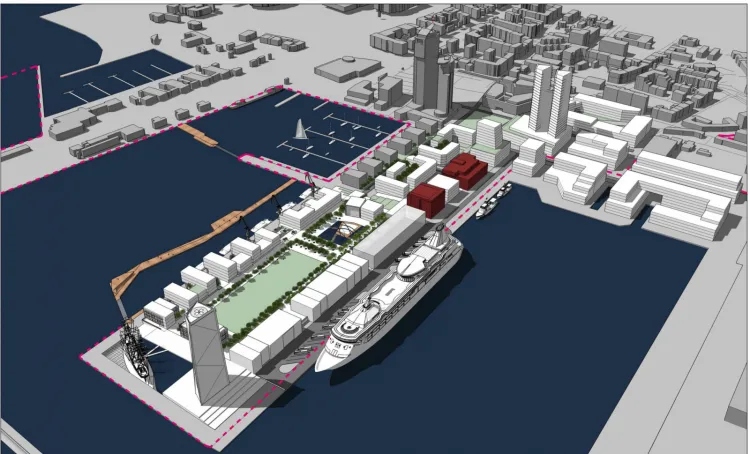 Koncepcja przygotowana przez Zarząd Morskiego Portu Gdynia, dotycząca poszerzenia granic. Czerwona linia to granice poszerzenia portu.
