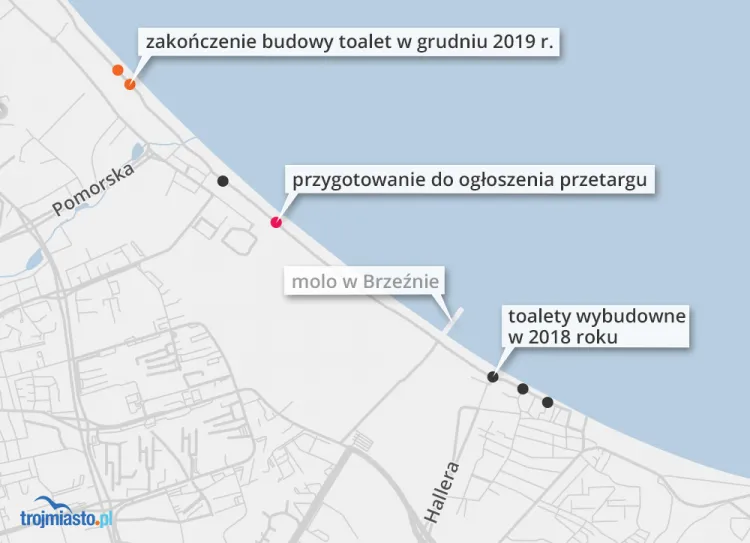 Lokalizacje planowanych i istniejących toalet przy plażach w Gdańsku.