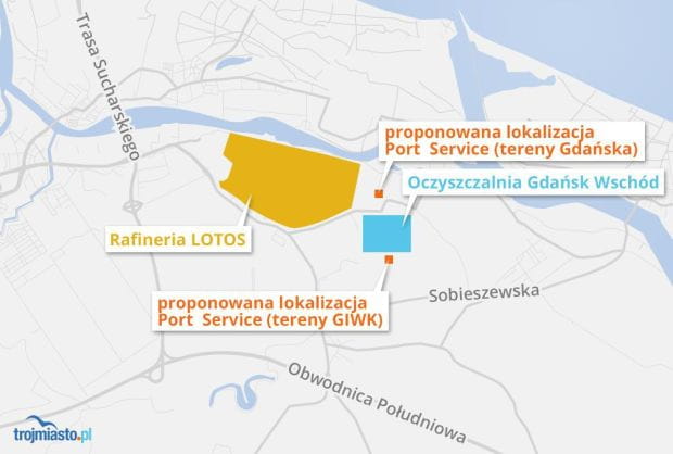 Proponowane nowe lokalizacje Port Service: jedna byłaby usytuowana na południe od oczyszczalni ścieków Wschód (teren w dyspozycji GIWK), druga na terenach znajdujące się na północ od oczyszczalni (własność Gdańska).
