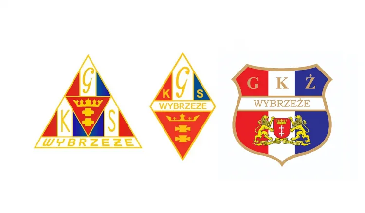 Od lewej: pierwsza wersja herbu GKS Wybrzeże, najdłużej stosowana wersja historycznego herbu oraz herb GKŻ Wybrzeże. Spór dotyczy dwóch pierwszych odznak.