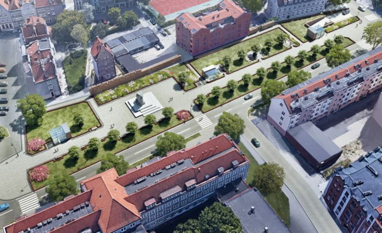 Planowane zagospodarowanie terenu przy Podwalu Staromiejskim, już po wybudowaniu podziemnego parkingu kubaturowego.