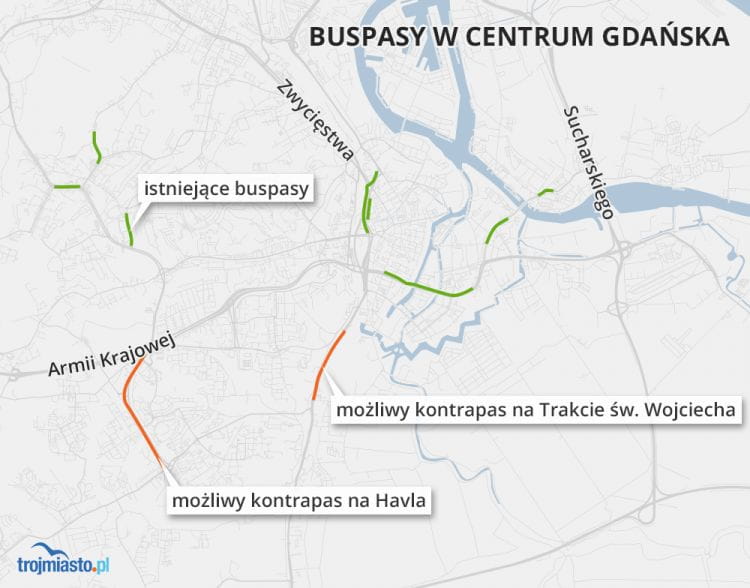 W Gdańsku wyznaczono 12 buspasów. Radni proponują dwa kontrapasy. 