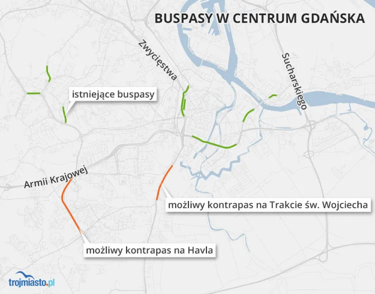 W Gdańsku wyznaczono 12 buspasów. Radni proponują dwa kontrapasy. 