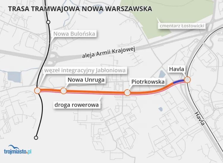 Na 2-kilometrowej trasie powstaną trzy przystanki tramwajowe. Wzdłuż torów powstanie droga rowerowa. Niebieskim kolorem oznaczono pierwszy etap inwestycji, a pomarańczowym drugi.
