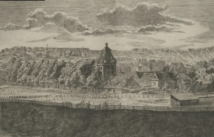 Kunszt Wodny zapewniał dopływ wody do miejskich studni. Grafika Matthaeusa Deischa. Ze zbiorów portalu Polona.