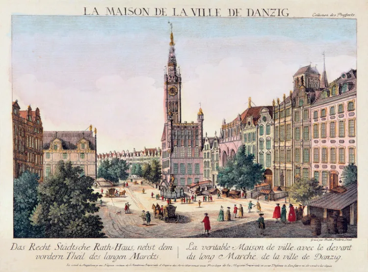 Długi Targ i Ratusz Głównego Miasta na grafice Balthasara Friedricha Leizela, około 1780.

