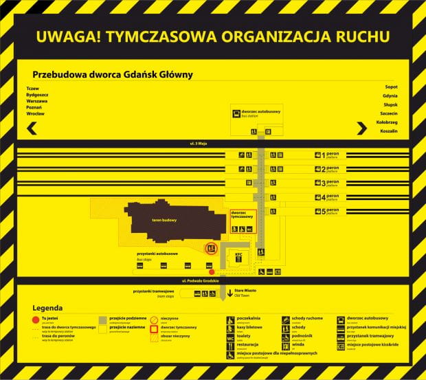 Tymczasowa organizacja ruchu wokół dworca Gdańsk Główny PKP.