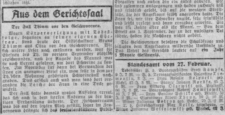 "Aus dem Gerichtssaal" czyli "Z sali sądowej" to rubryka, w której gdańska prasa początku XX w. opisywała najciekawsze procesy kryminalne.