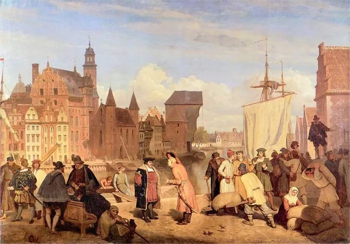 Gdańscy kupcy w porcie na obrazie XIX-wiecznego malarza Wojciecha Gersona.


