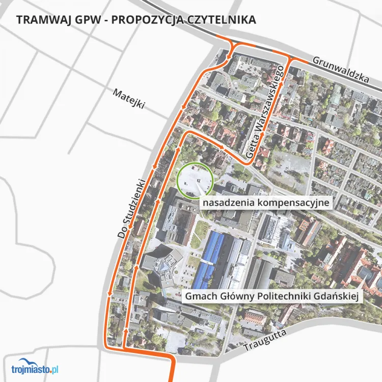 Propozycja nowego przebiegu tramwaju Gdańsk Południe - Wrzeszcz przygotowana przez Tomasza Larczyńskiego.