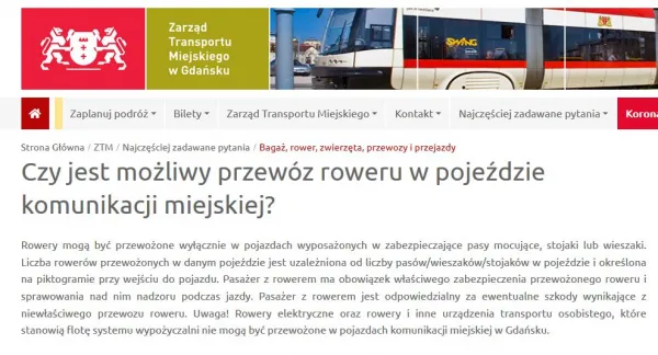 Informacja o przewozie rowerów w komunikacji miejskiej w Gdańsku, zamieszczona na stronie Zarządu Transportu Miejskiego w Gdańsku.