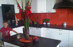 Ważna jest odpowiednia kompozycja kolorystyczna paneli szklanych z meblami kuchennymi.