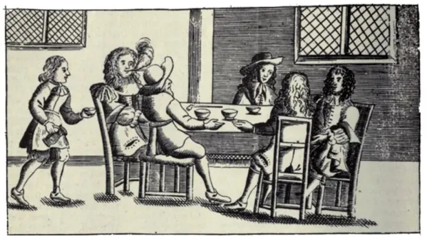 Ponieważ nie zachowały się grafiki przedstawiające wnętrza gdańskich kawiarni w XVIII wieku, ich wygląd możemy odtworzyć poprzez analogie do podobnych obiektów tego typu w innych europejskich miastach. Grafika przedstawia wnętrze XVIII-wiecznej kawiarni w Londynie.