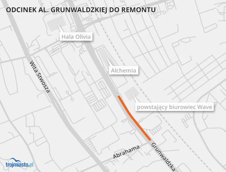 Na pomarańczowo oznaczono remontowany odcinek al. Grunwaldzkiej w Oliwie.