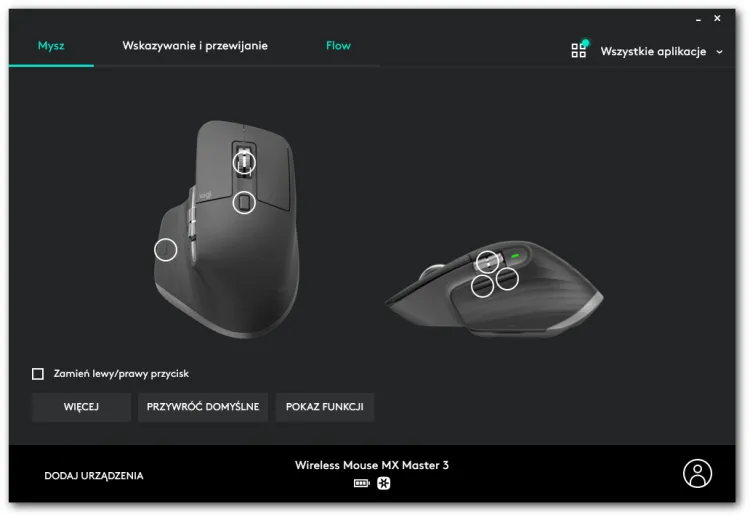 W MX Master 3 istotne jest również oprogramowanie. Aplikacja Logitech Options pozwala dopasować działanie myszy do wymagań użytkownika.