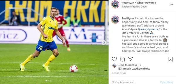 Tak za pośrednictwem Instagrama Fredrik Helstrup pożegnał się z Arką Gdynia, w której przez trzy lata rozegrał 80 oficjalnych meczów i strzelił 1 gola. Kontrakt duńskiego obrońcy wygaśnie 30 lipca. 
