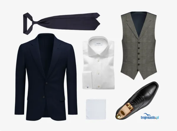 Zestaw #2 - granatowy garnitur, kontrastowa kamizelka, biała koszula, uzupełnione ciemnogranatowym krawatem i białą, lnianą poszetką.