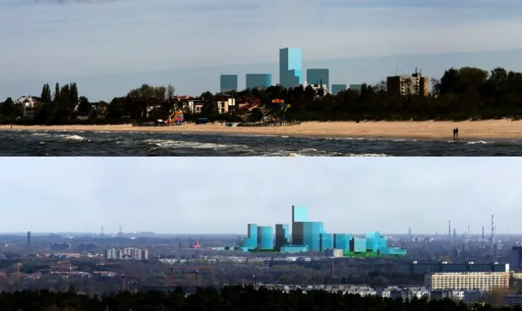 Taką panoramę zyskałby Gdańsk, po realizacji planów zagospodarowania dla Letnicy. U góry widok z końca molo w Brzeźnie, na dole z Łysej Góry w Sopocie.