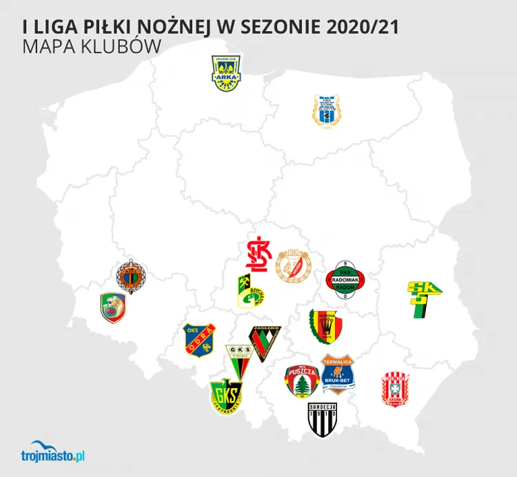 Rozmieszczenie klubów I ligi na mapie Polski. 
