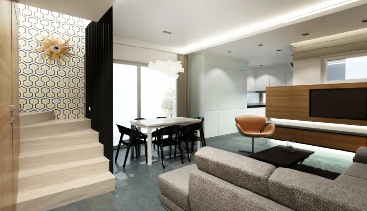 W pomieszczeniu, które łączy funkcję korytarza, salonu i jadalni zastosowano jeden rodzaj podłogi, aby uniknąć wrażenia wizualnego podziału przestrzeni.
