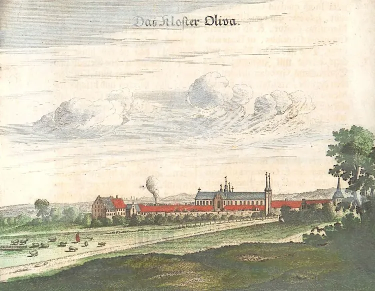 Przedstawiająca klasztor w Oliwie rycina Petera Willera z 1687 roku.