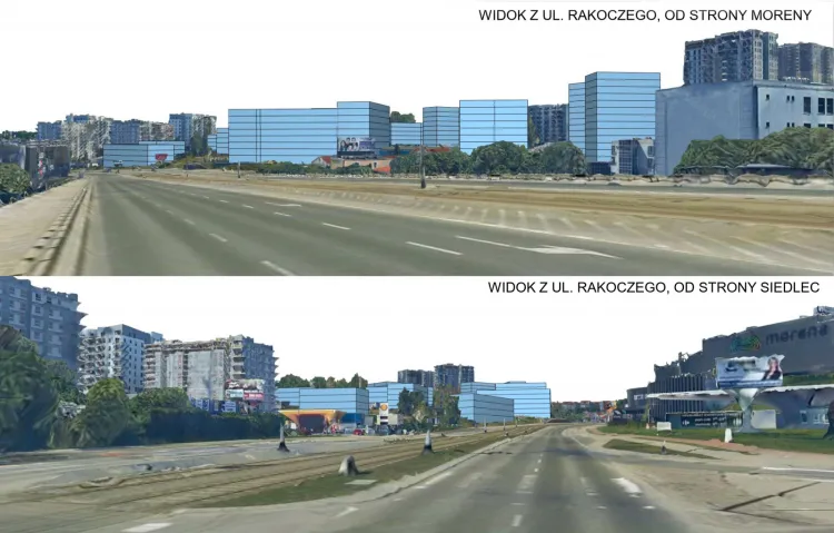 Wizualizacja potencjalnej formy nowej zabudowy zgodnej z projektem planu - widok z ul. Rakoczego.