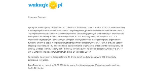 Informacja od Wakacje.pl na temat specustawy z podaniem terminu zwrotu moich pieniędzy.