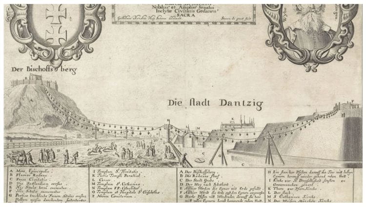 Rycina Wilhelma Hondiusa przedstawiająca schemat działania kolejki linowej, dzięki której transportowano ziemię służącą do budowy miejskich wałów i umocnień.