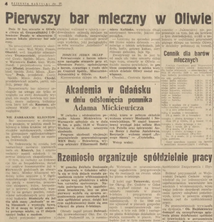 Artykuł z "Dziennika Bałtyckiego" z 27 stycznia 1950 roku o otwarciu baru mlecznego w Oliwie. 
