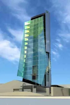 Szkic projektu stumetrowego wieżowca dla terenu d. piekarni Rogalik, który nie będzie ostatecznie realizowany.