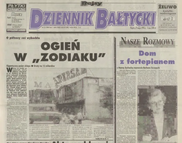 O wybuchu i pożarze supersamu Zodiak na pierwszej stronie informował "Dziennik Bałtycki" z 27 maja 1994 r.