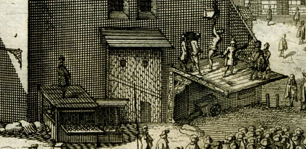 Wymierzanie kary przy pręgierzu. Grafika autorstwa Reinholda Curicke z końca XVII wieku. Z badań dr Katarzyny Dareckiej wynika, że podest miał wymiary ok. 4,5 x 3,5-4 m. Prawdopodobnie niektóre z jego belek ozdabiały polichromie.