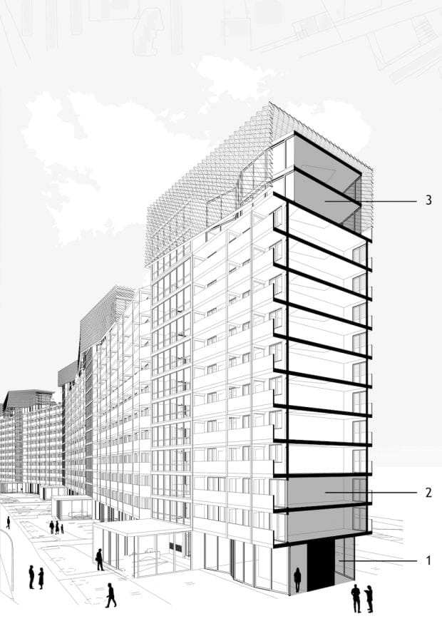 Wskazane propozycje zmian w wykorzystaniu przestrzeni falowca. 1 - Sklepy i lokale usługowe na parterach. 2 - Biura na pierwszym i drugim piętrze. 3 - Dwukondygnacyjne mieszkania na dachu.