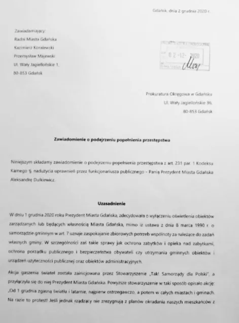 Skan zawiadomienia do prokuratury, złożonego 2.12.2020 r.