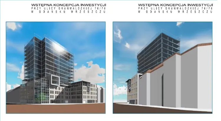 Wstępna koncepcja nowego budynku, który mógłby powstać na rogu al. Grunwaldzkiej i ul. Jaśkowej Doliny we Wrzeszczu.