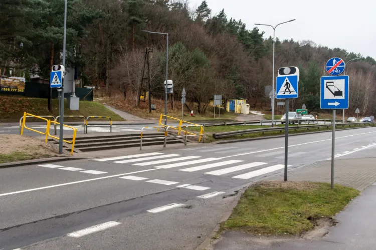 Dodatkowe elementy na przejściu dla pieszych na ul. Morskiej w Gdyni.