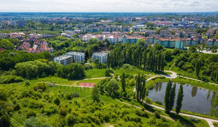 Wizualizacja budynków osiedla Robinia po wybudowaniu. Trudno znaleźć nową inwestycję w tak zielonej lokalizacji. 