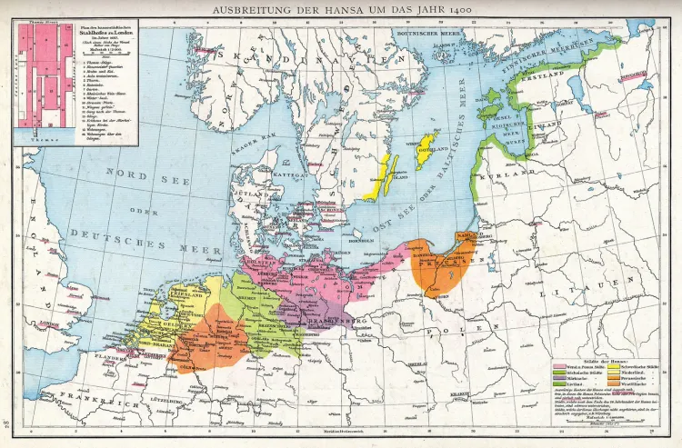 Zasięg Hanzy około roku 1400. Zaznaczone strefy wpływów związku z podziałem na strefy wpływów. Mapa z atlasu do nauki historii prof. G. Droysensa, wydanego w 1886 r.