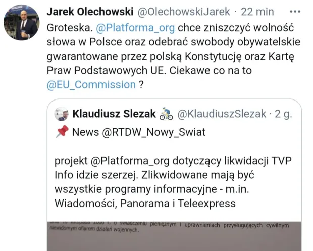 Działania polityków PO skomentował na Twitterze dyrektor Telewizyjnej Agencji Informacyjnej Jarosław Olechowski.

