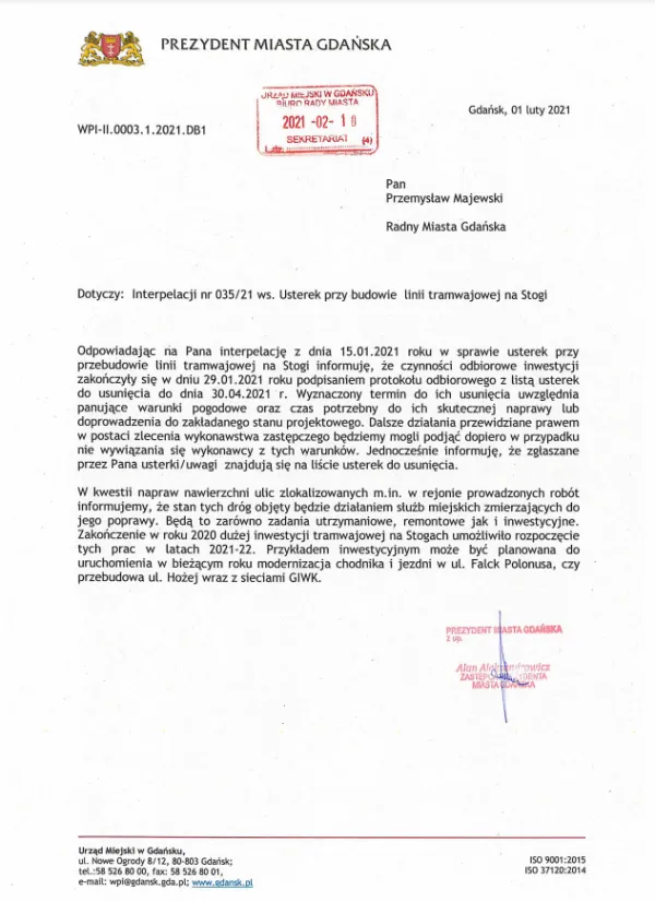 Na interpelację radnego Przemysława Majewskiego odpowiedział wiceprezydent Alan Aleksandrowicz. 