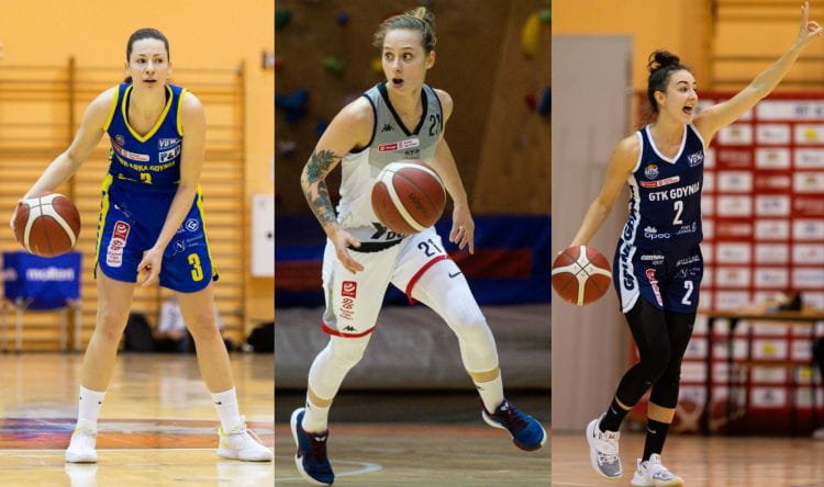 To już ostatni weekend sezonu zasadniczego w Energa Basket Lidze Kobiet. Na zdjęciu od lewej: Angelika Slamova z VBW Arki Gdynia, Sylwia Bujniak z DGT AZS Politechniki Gdańskiej i Julia Bazan z GTK Gdynia.