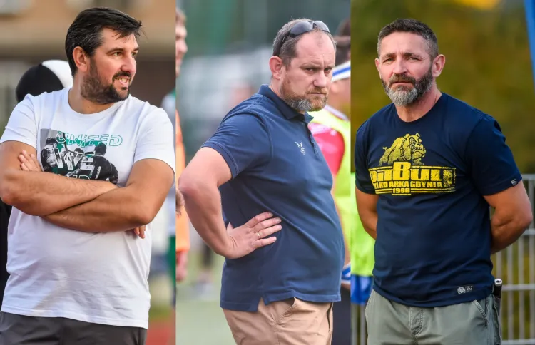 Trójmiejscy trenerzy drużyn rugby w ekstralidze. Od prawej: Dariusz Komisarczuk, Karol Czyż, Jurij Buchało. 