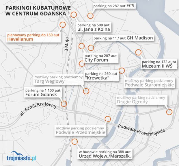 Istniejące, budowane oraz planowane ogólnodostępne parkingi kubaturowe w centrum Gdańska.