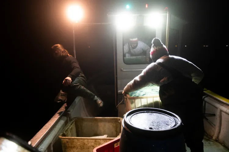 Sopoccy rybacy wypływają na połów śledzia na Bałtyku przed świtem.