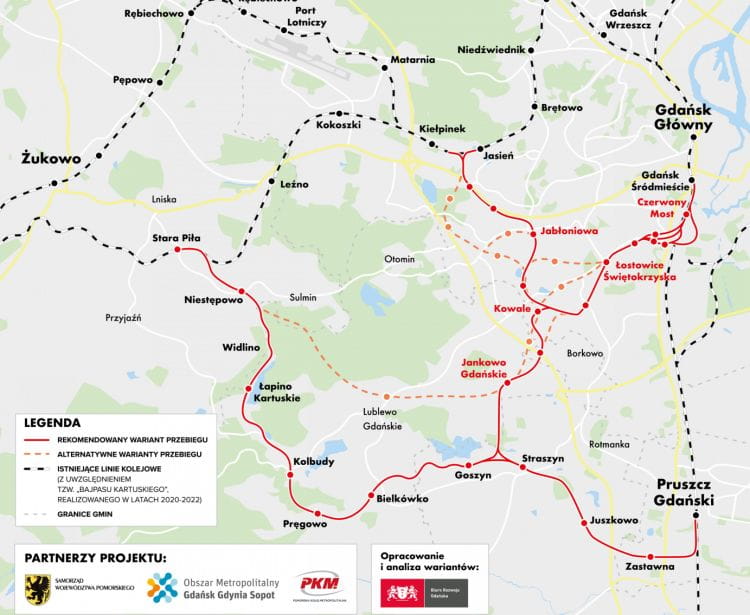 Warianty przebiegu trasy kolejowej przez Południe i z możliwością przedłużenia poza granicę Gdańska.