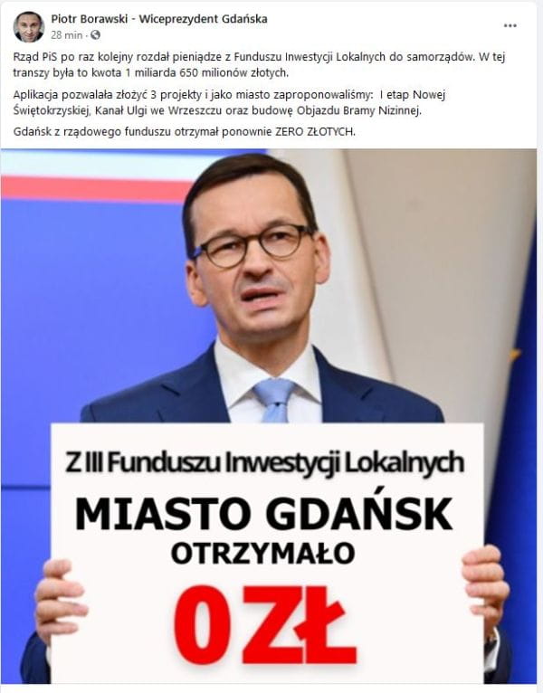 Komentarz zastępcy prezydenta Gdańska Piotra Borawskiego do decyzji rządu o kolejnym podziale środków dla samorządów.